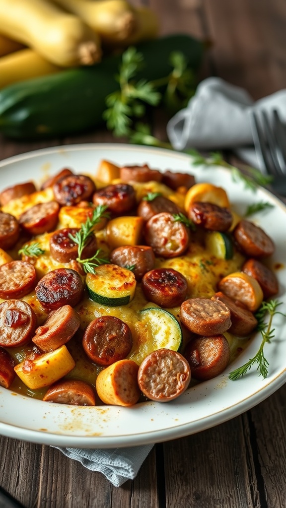 A delicious Zucchini and Sausage Bake served on a plate, featuring slices of sausage and zucchini.