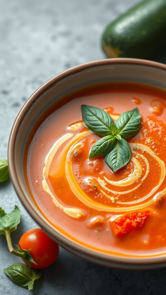 A bowl of vibrant zucchini and tomato basil soup garnished with basil leaves and a drizzle of olive oil.