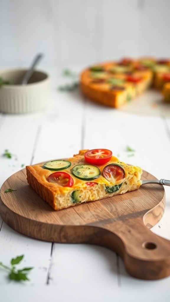 A slice of zucchini and tomato frittata on a wooden cutting board with cherry tomatoes on top.