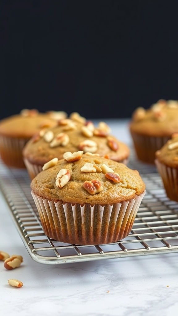Freshly baked zucchini bread muffins topped with nuts on a cooling rack.