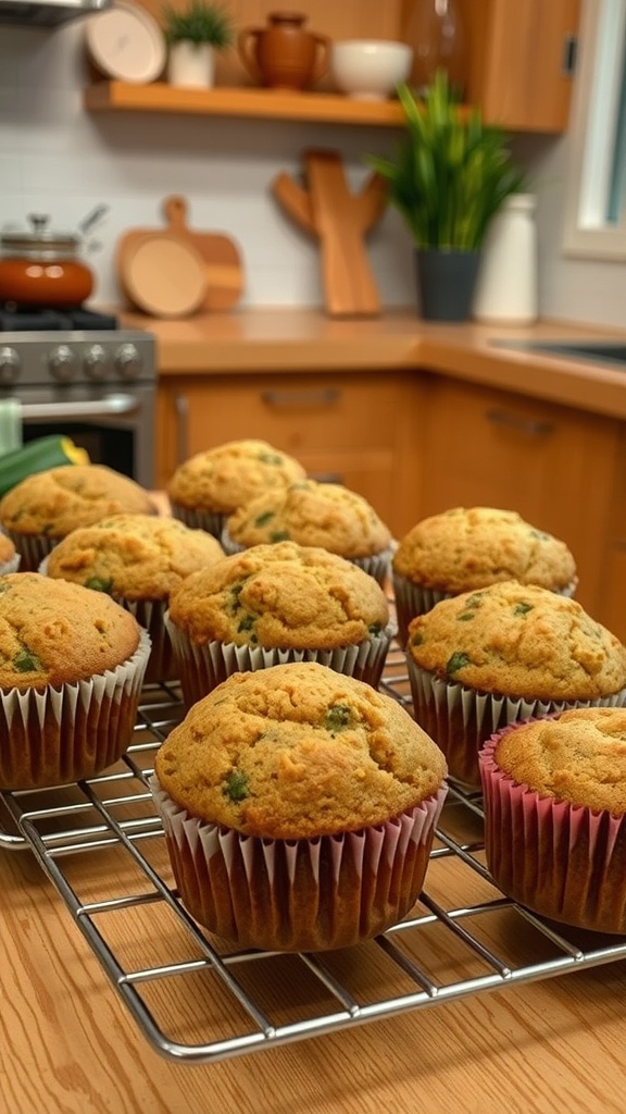 Freshly baked zucchini bread muffins cooling on a rack in a cozy kitchen.