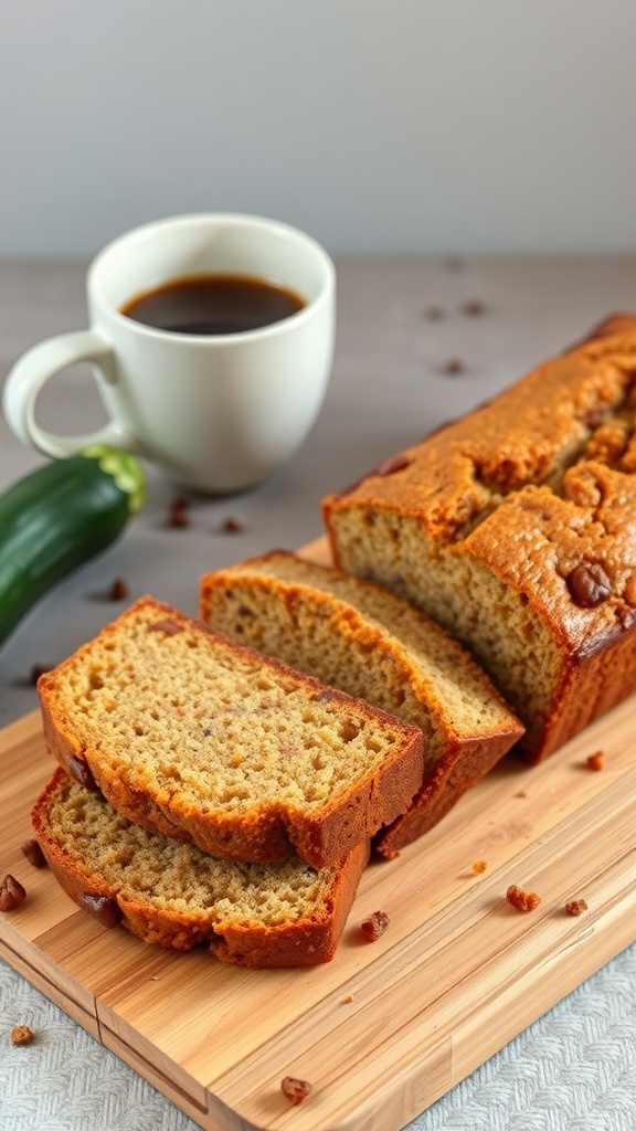 Sliced zucchini bread on a wooden board with a cup of coffee and a zucchini beside it.