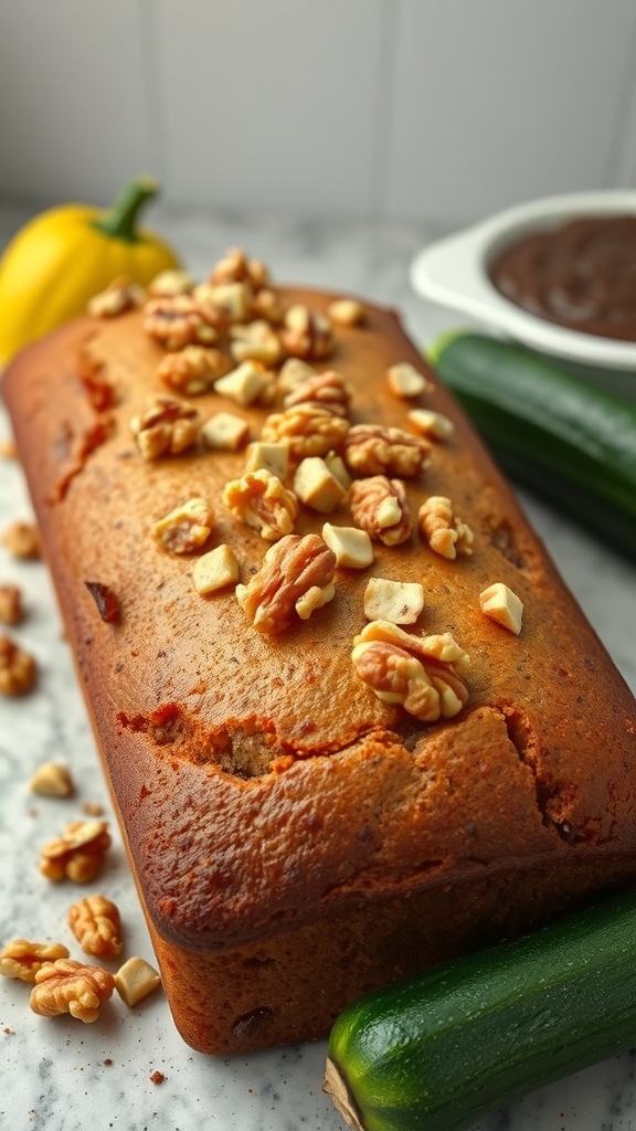 Loaf of zucchini bread topped with walnuts, surrounded by zucchinis and a yellow bell pepper.