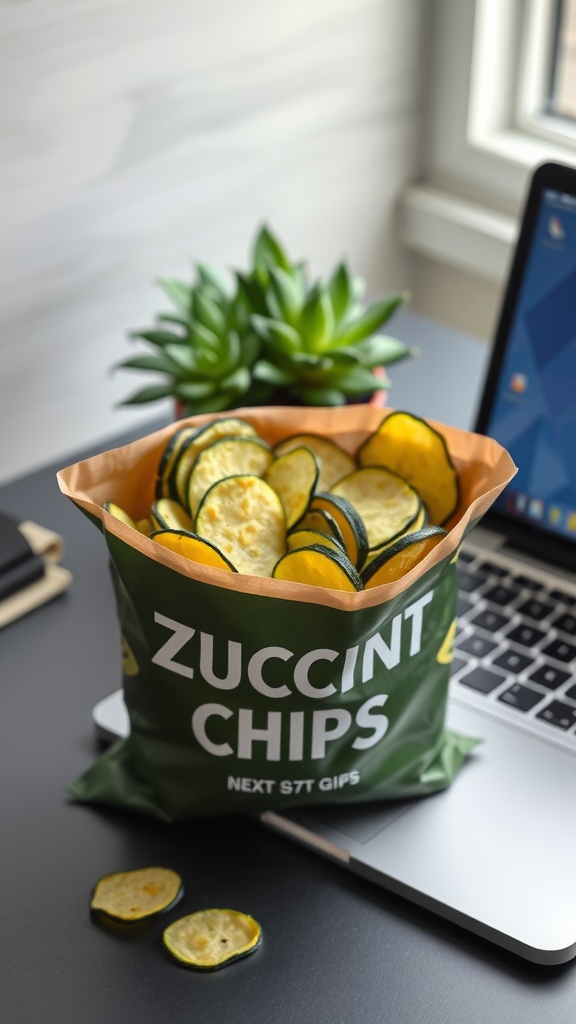 A display of zucchini chips in green packaging at a convenience store