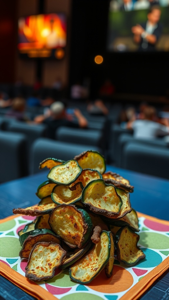 A stack of crunchy zucchini chips on a colorful napkin in a movie theater setting.