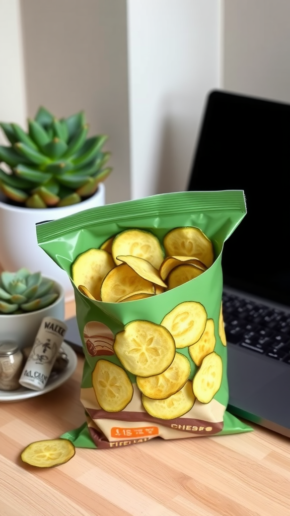 A bag of zucchini chips next to a laptop with a succulent plant in the background.