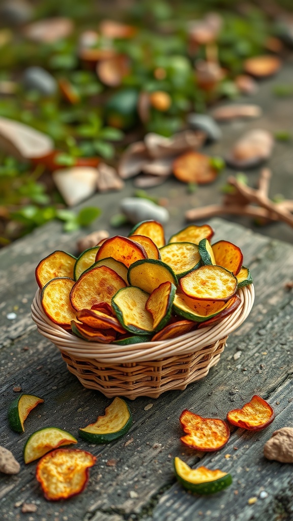 A basket of colorful zucchini chips on a rustic wooden surface.