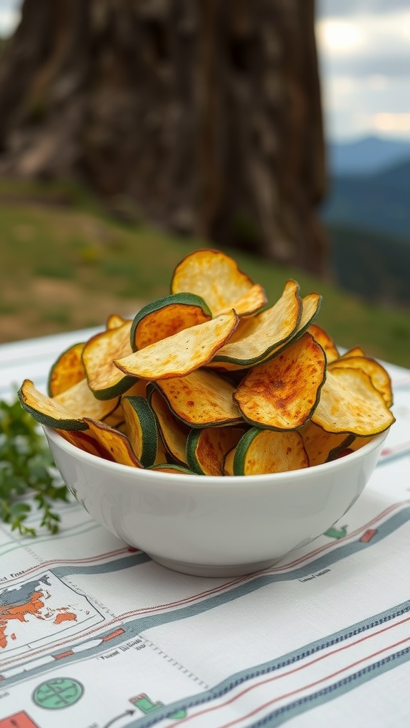 A bowl of crispy zucchini chips on a table with a map design.