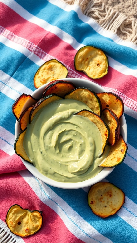 Plate of zucchini chips surrounding a bowl of creamy avocado dip.