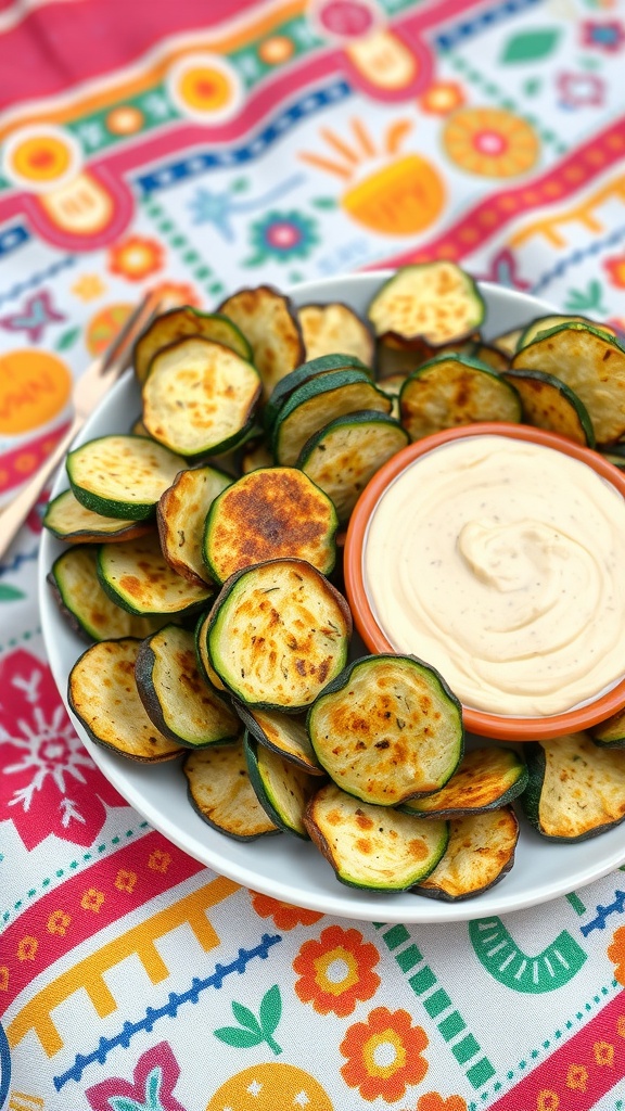 Plate of zucchini chips surrounding a bowl of creamy dip.