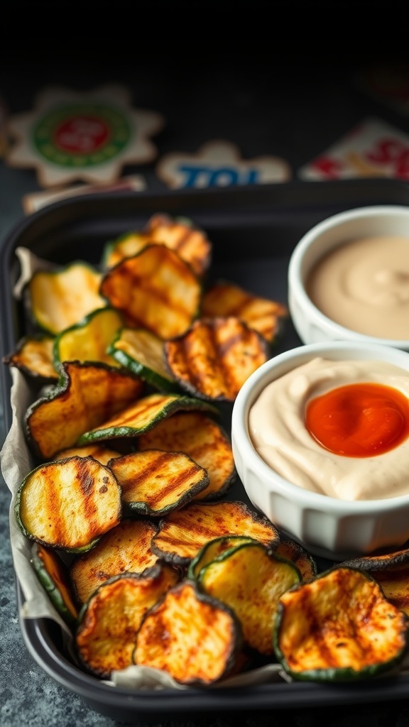 A tray of grilled zucchini chips served with two dipping sauces.