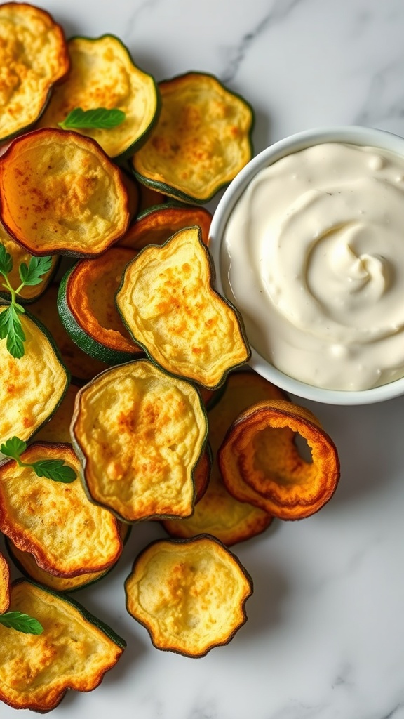 A plate of crispy zucchini chips next to a bowl of creamy dip.