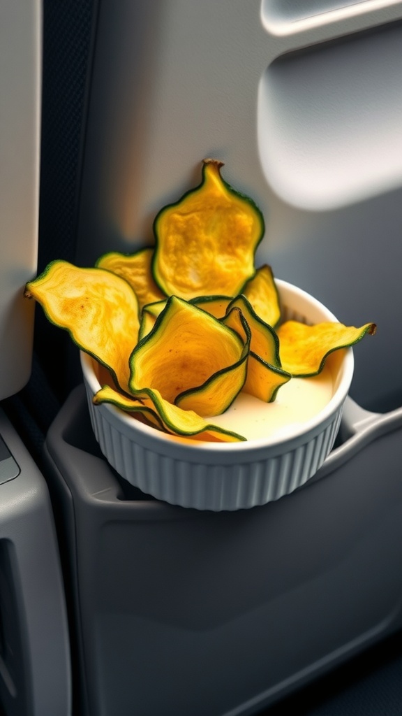 A bowl of zucchini chips with dipping sauce in an airplane cup holder.