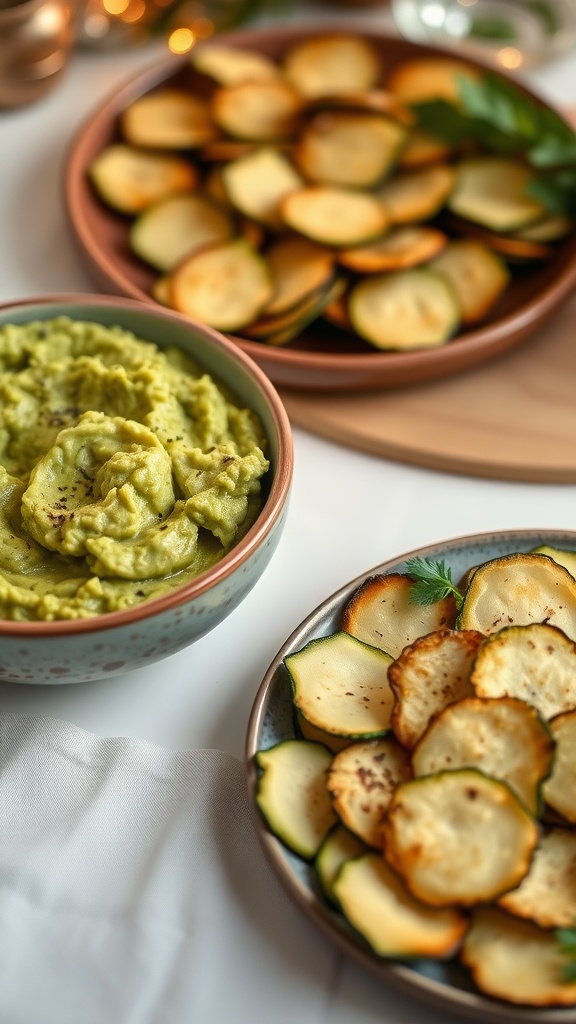 Zucchini chips served with guacamole on a white tablecloth.