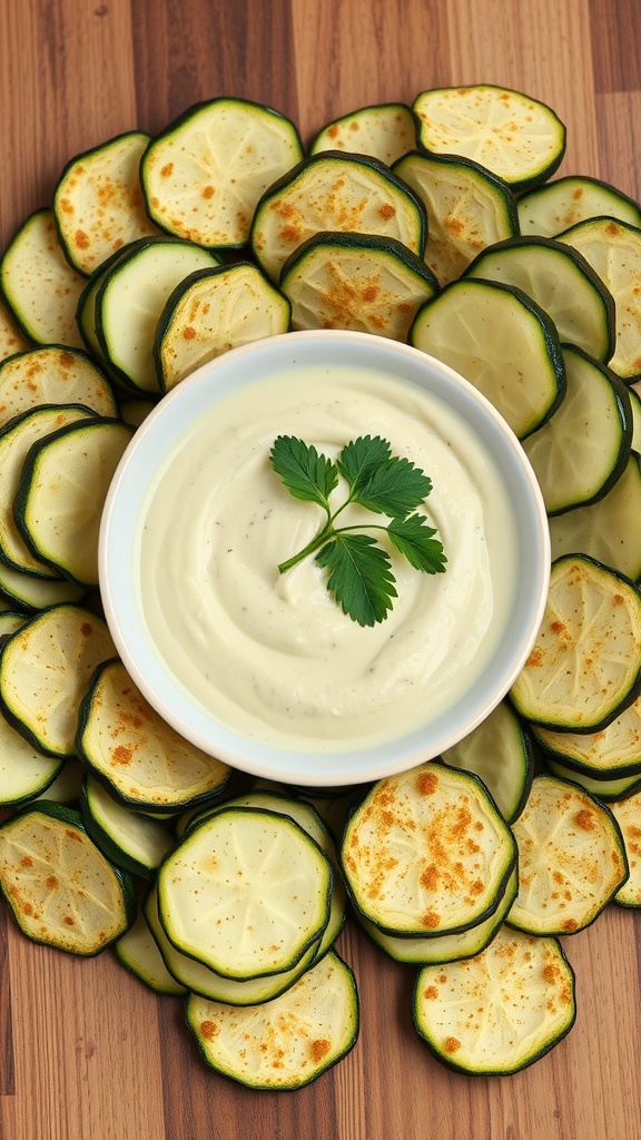 Crispy zucchini chips surrounded by a bowl of creamy herb dip.