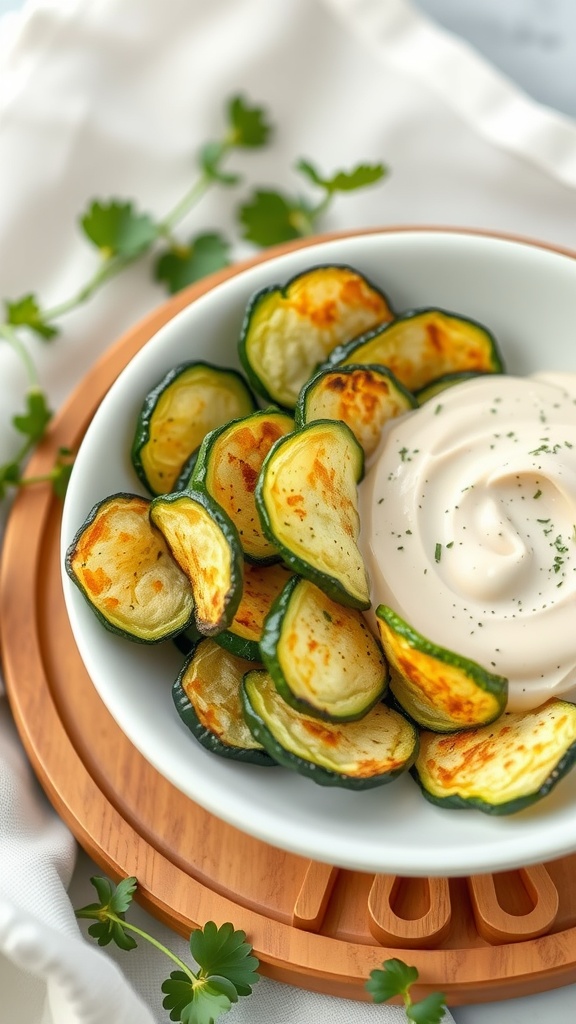 A bowl of crispy zucchini chips next to a creamy herb dip, garnished with green herbs.