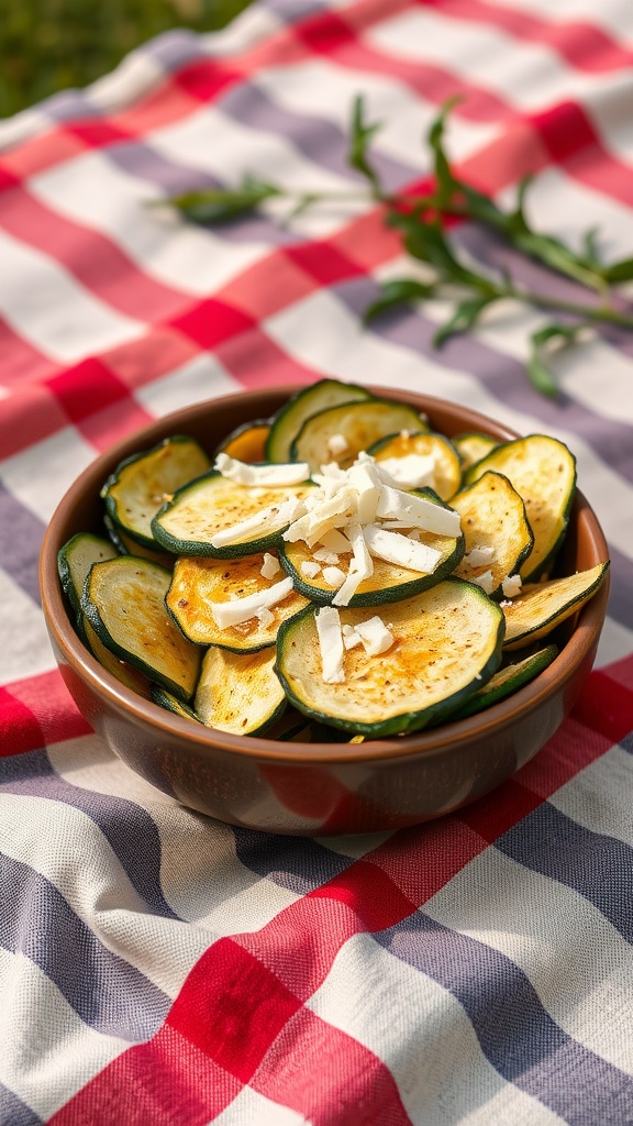 A bowl of zucchini chips topped with parmesan on a red and white checkered tablecloth.