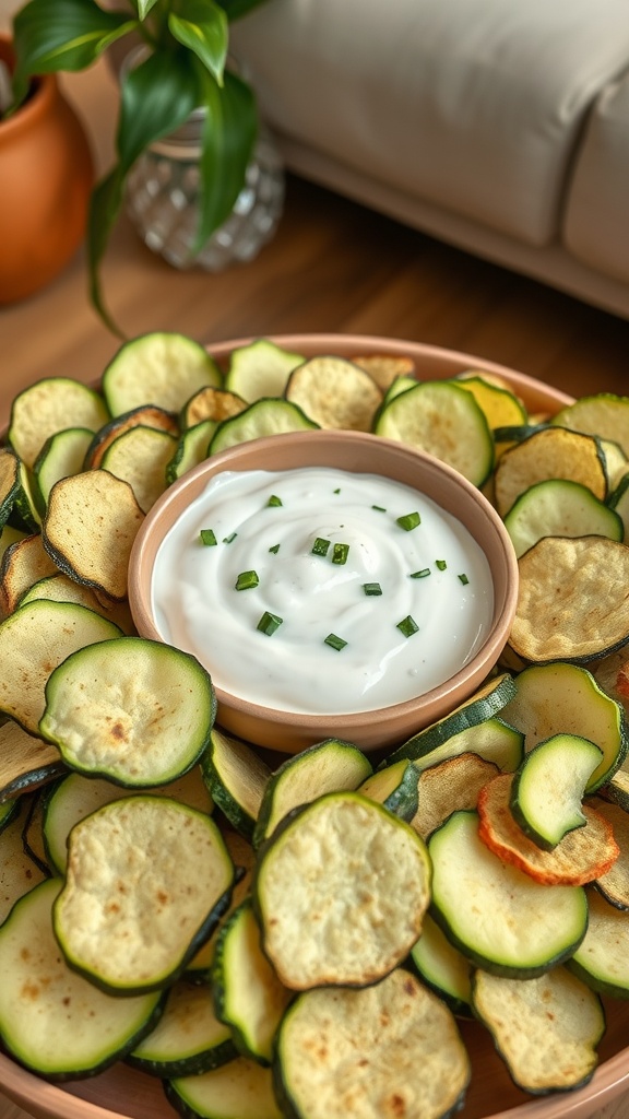 A platter of crispy zucchini chips surrounding a small bowl of ranch dip, garnished with green onions.