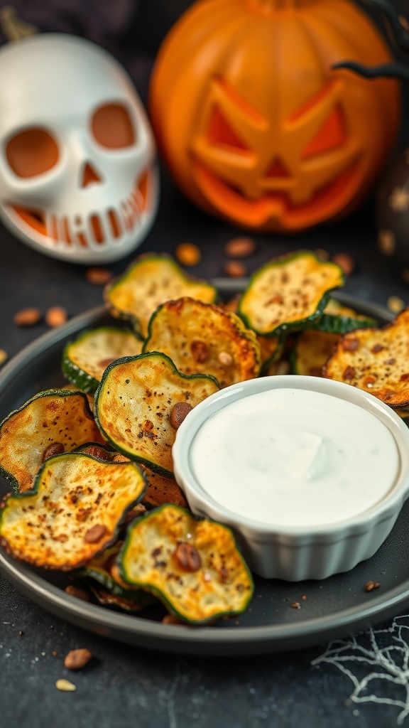 A plate of zucchini chips with ranch dip, surrounded by Halloween decorations.