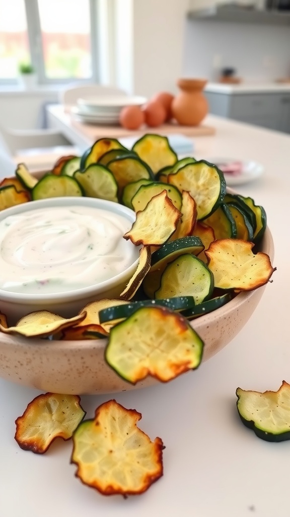 Bowl of zucchini chips with ranch dip on a table.