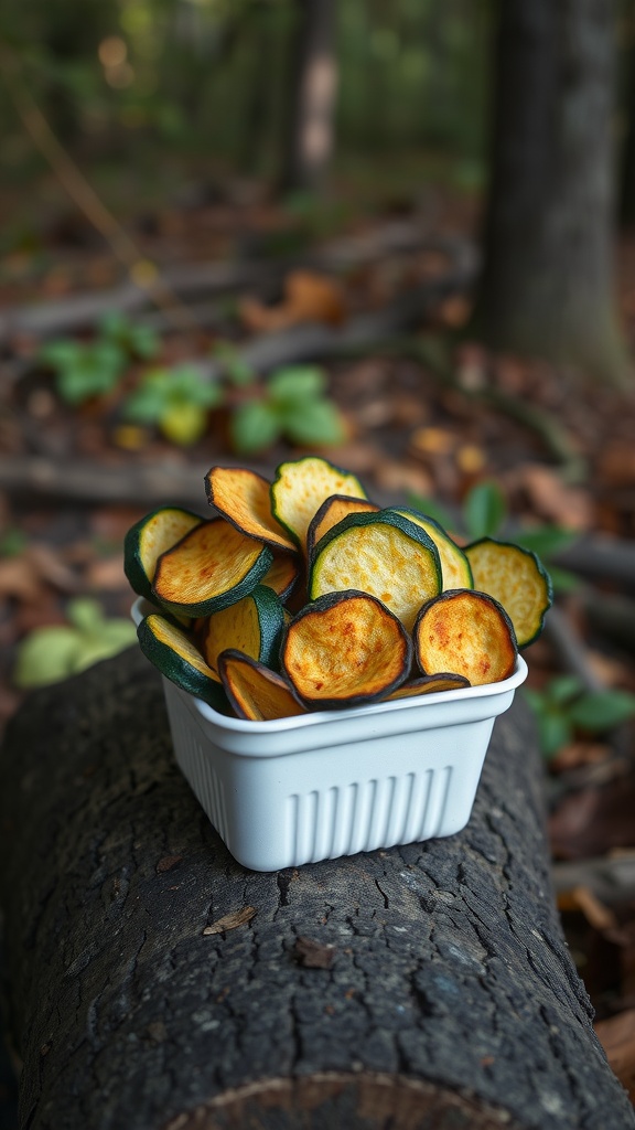 A bowl of crispy zucchini chips with ranch seasoning on a log in the forest.