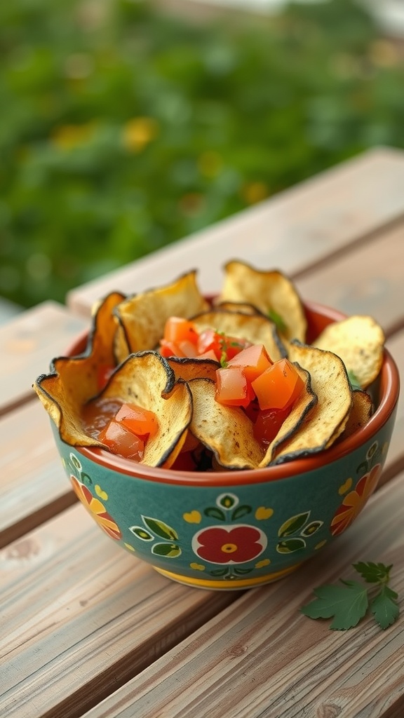 A colorful bowl of zucchini chips topped with diced tomatoes and served with salsa.