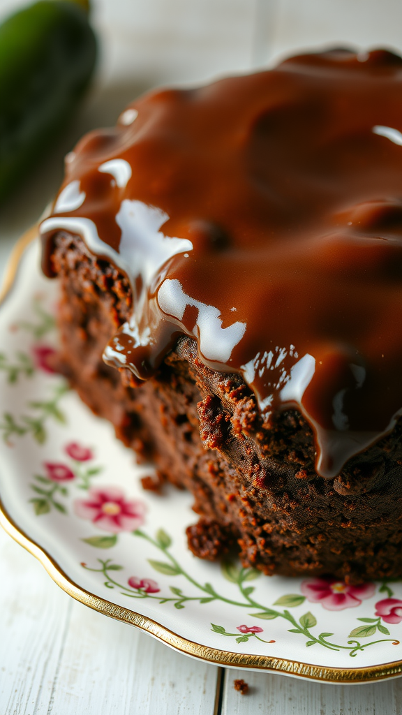 A slice of zucchini chocolate cake with chocolate glaze on a decorative plate.