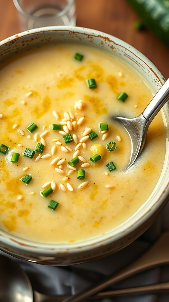 A bowl of zucchini egg drop soup topped with green onions and sesame seeds