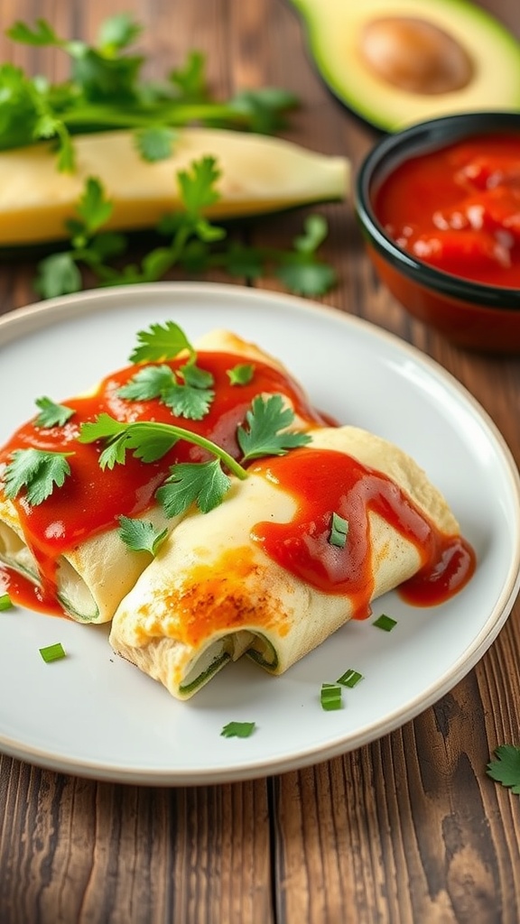 Zucchini enchiladas topped with salsa and garnished with cilantro.