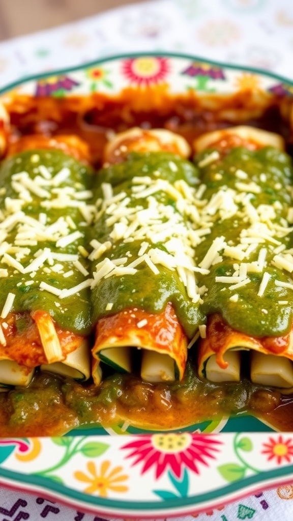 A colorful dish of zucchini enchiladas topped with green sauce and cheese.