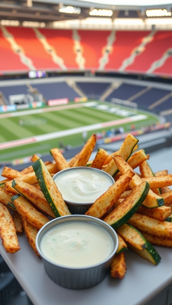 A plate of zucchini fries with garlic aioli in two small bowls, set against the backdrop of a sports stadium.