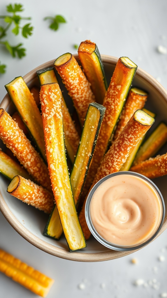 A bowl filled with crispy zucchini fries coated in Parmesan, served with a creamy dip.