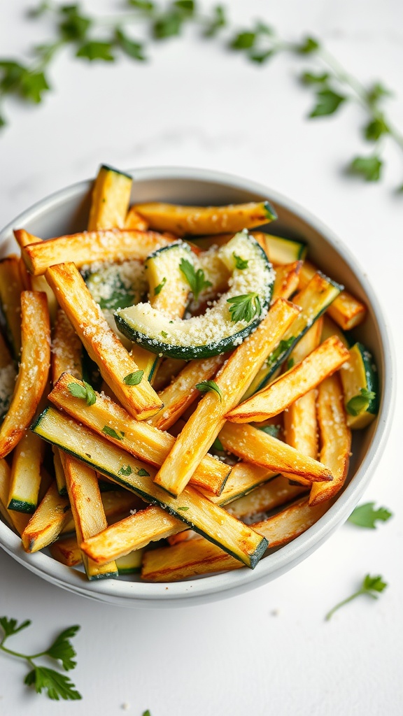 A bowl of zucchini fries topped with Parmesan cheese and herbs.