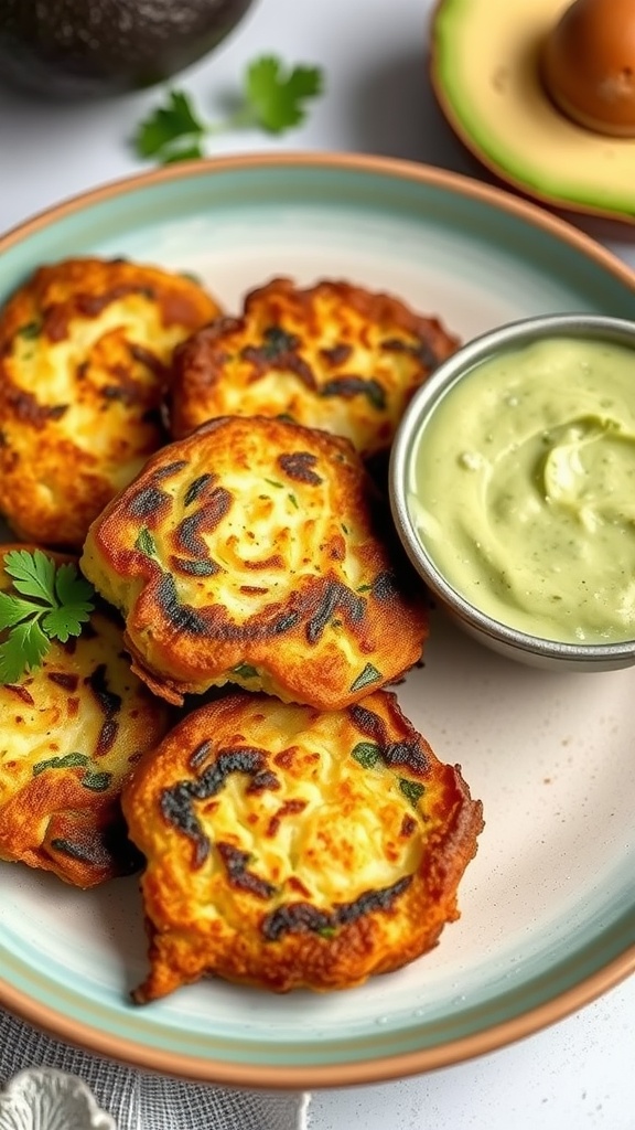 A plate of golden zucchini fritters with a bowl of green avocado dip, garnished with fresh herbs.