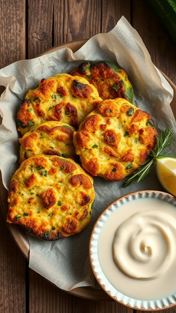 Golden zucchini fritters served with garlic dip and lemon on a wooden table