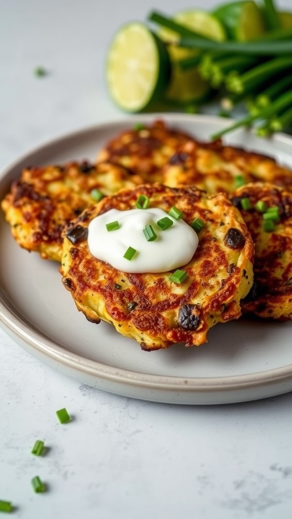 Plate of zucchini fritters topped with sour cream and garnished with chives.