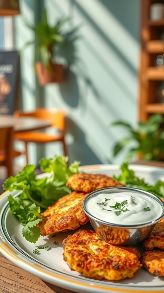 A plate of golden zucchini fritters served with tzatziki sauce and fresh herbs.