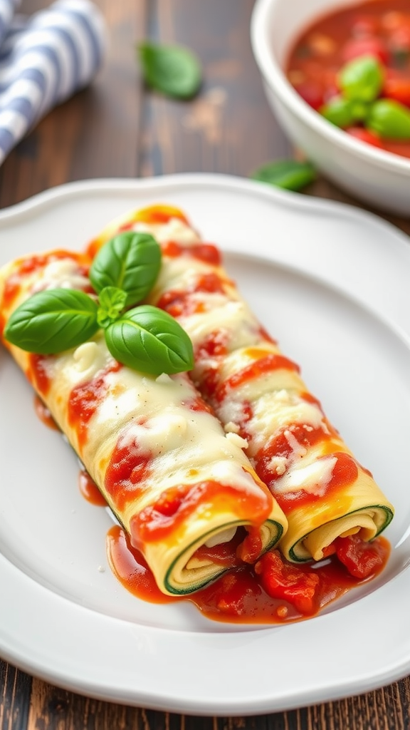 Zucchini lasagna roll-ups with marinara sauce and fresh basil