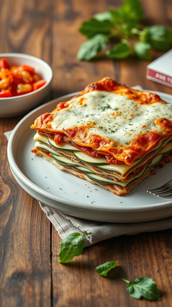 A delicious plate of zucchini lasagna with ricotta, garnished with herbs.