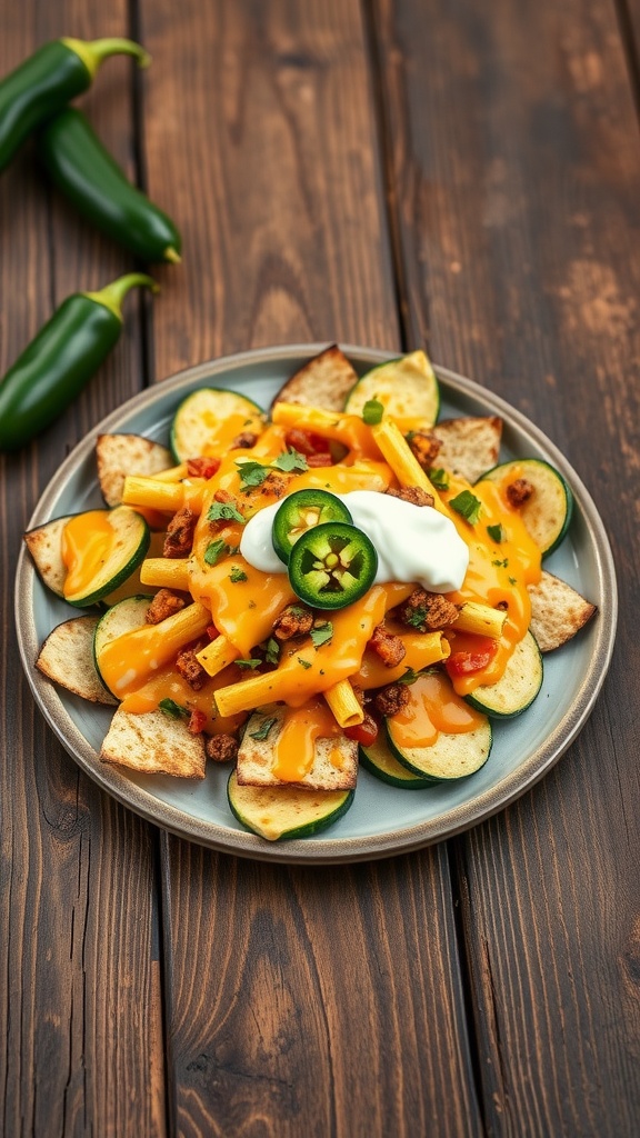 A plate of zucchini nachos topped with cheese, jalapeños, and sour cream on a wooden table.