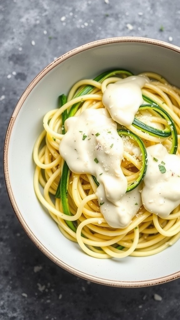 A bowl of zucchini noodles topped with creamy Alfredo sauce.