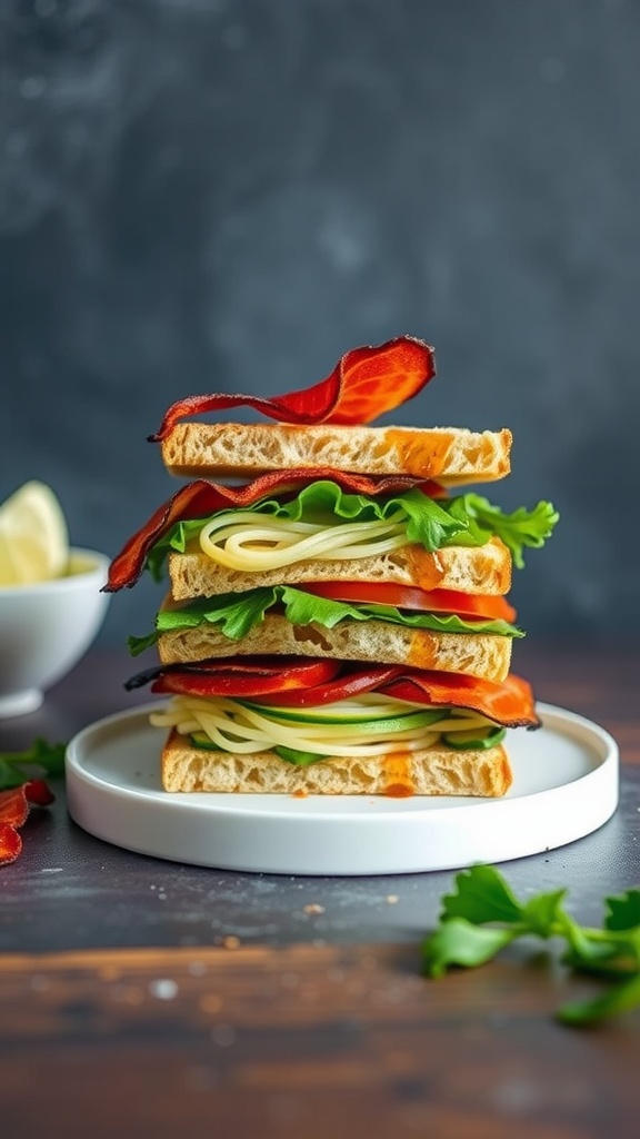 A stacked Zucchini Noodle BLT sandwich with layers of lettuce, tomato, and bacon on a white plate.