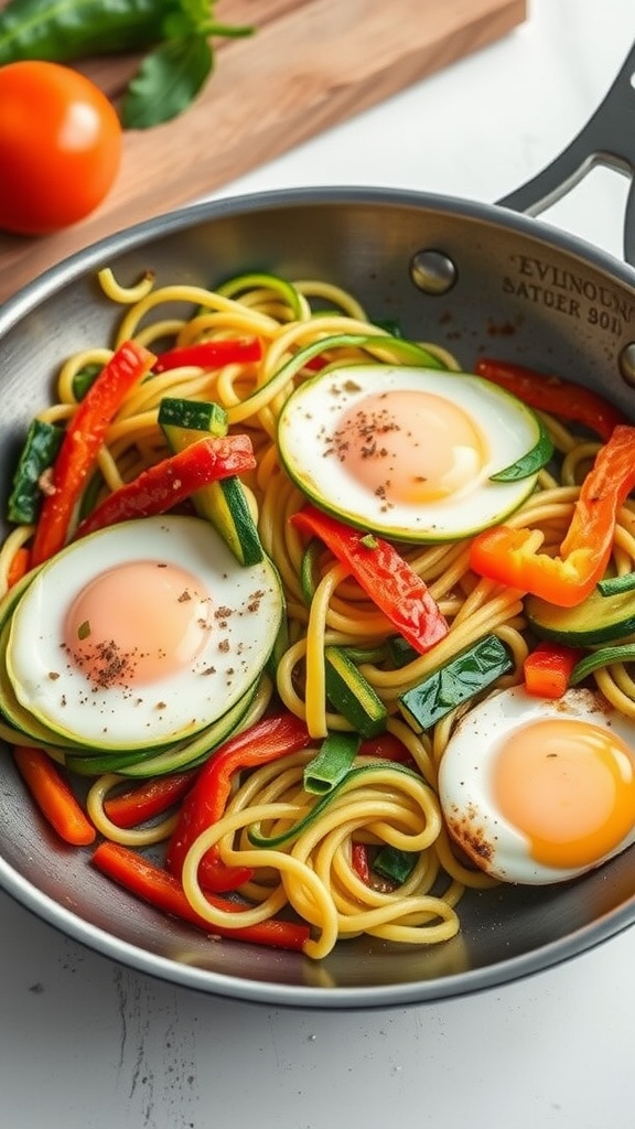 A delicious zucchini noodle breakfast stir-fry with eggs and vegetables in a skillet.