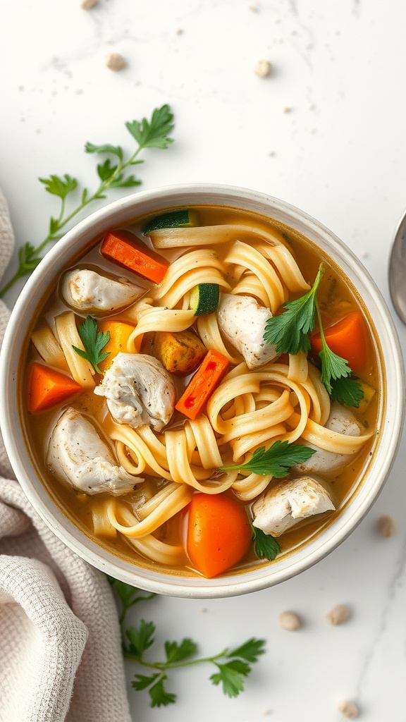 A bowl of zucchini noodle chicken soup with shredded chicken and colorful vegetables.