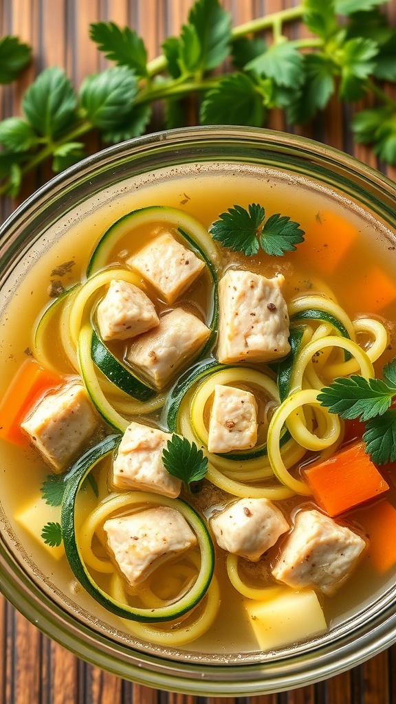 A bowl of Zucchini Noodle Chicken Soup with chicken chunks, zucchini noodles, and colorful vegetables.