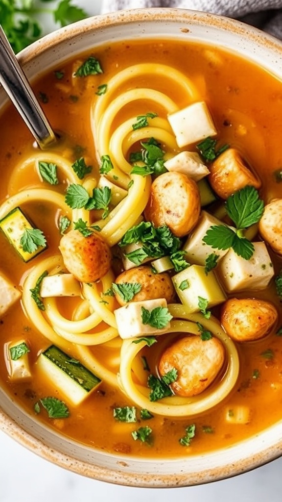 A bowl of Zucchini Noodle Chicken Soup with chicken, zucchini noodles, and herbs.