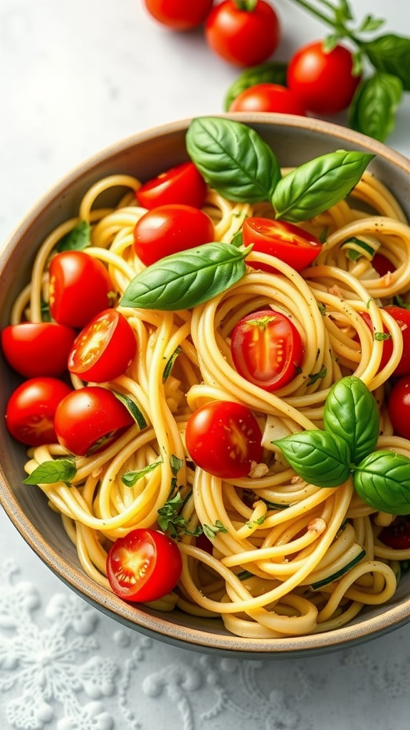 A bowl of zucchini noodle pasta salad with cherry tomatoes and basil.