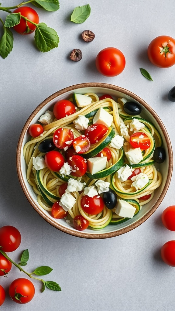 A bowl of zucchini noodle salad with cherry tomatoes, feta cheese, and olives surrounded by fresh cherry tomatoes and herbs.
