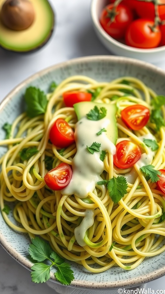 A vibrant zucchini noodle salad topped with creamy avocado dressing, displayed in a cooler against a tropical background.