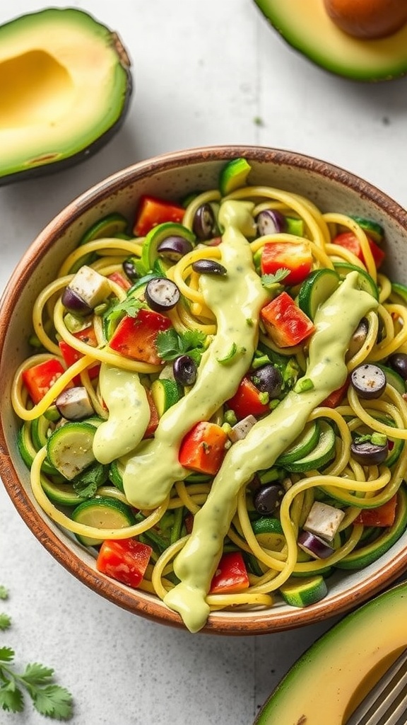 A bowl of zucchini noodle salad topped with avocado dressing, diced tomatoes, olives, and fresh herbs.